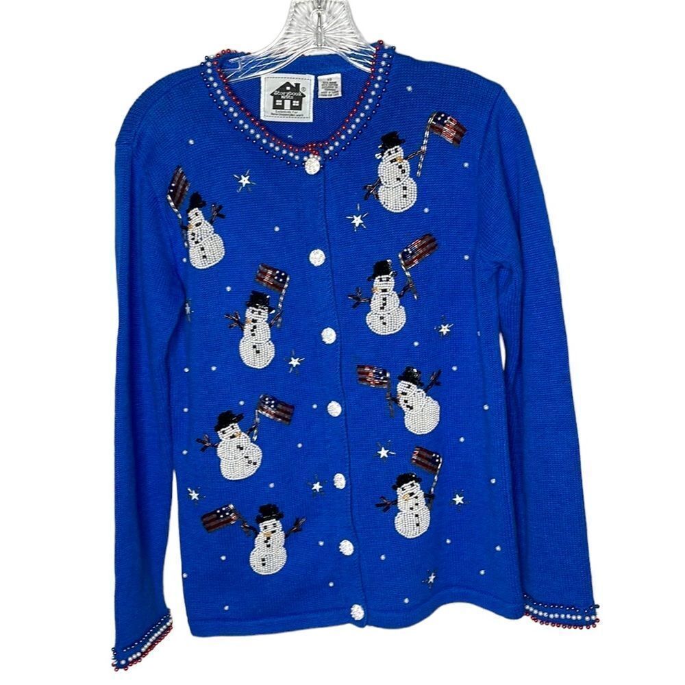 Storybook Knits American Flag Snowman Holiday Ugly Cardigan Sweater. Size XS.